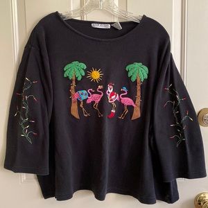 Christmas 3/4 Sleeve Knit Top Flamingoes Palm Trees Santa Sun